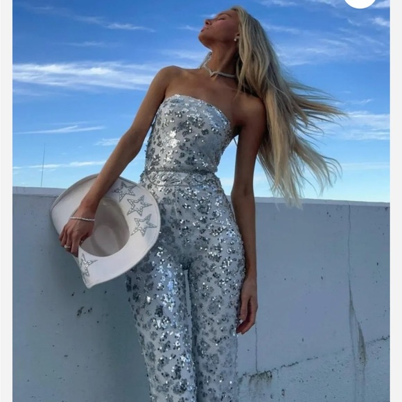 12th Tribe Pants - 12th Tribe Silver Sequin Strapless Jumpsuit Small